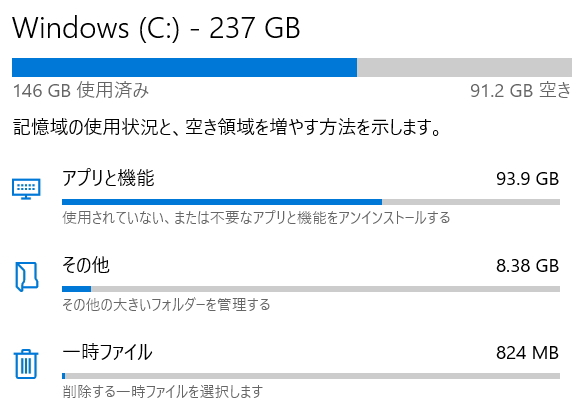増えたCドライブの空き容量